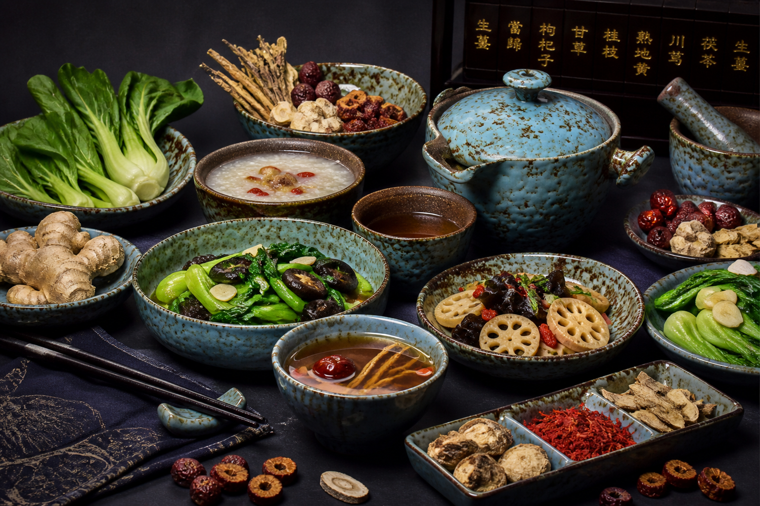 Chinese tafelsetting met blauw rustiek servies, TCM kruiden, groenten en medicinale voeding